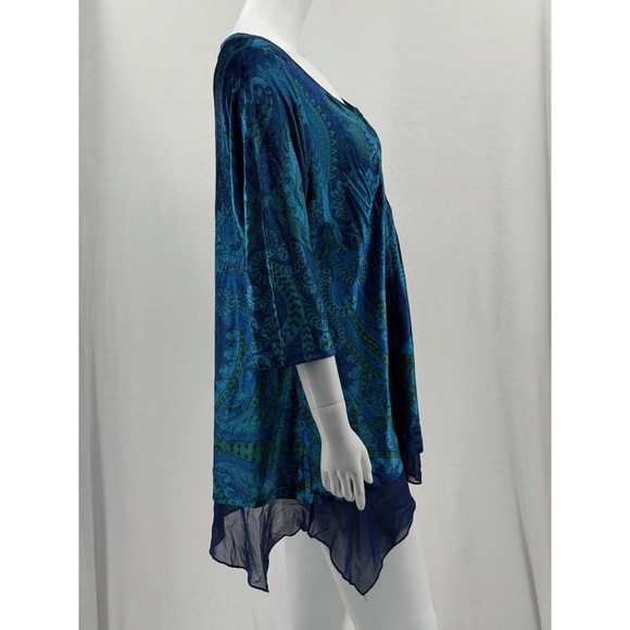 One World Top Womens 1X Blue Green Paisley Velour Tunic Boho Hippie Stretch - Picture 3 of 10